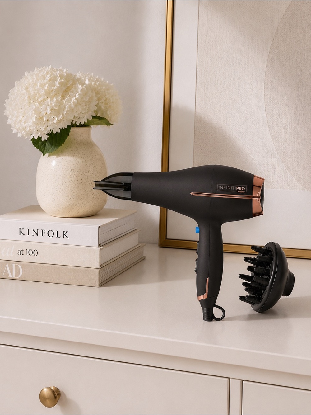 Infiniti Pro Black & Rose Gold Hair Dryer with Diffuser